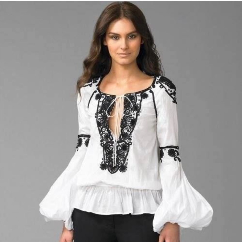 Roberto Cavalli White Peasant Blouse with Black Embroidery